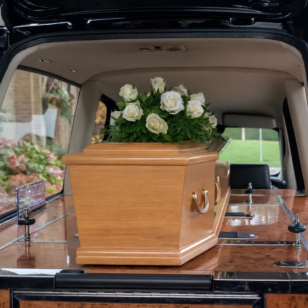 Cercueil en bois clair orné de roses blanches dans un corbillard.