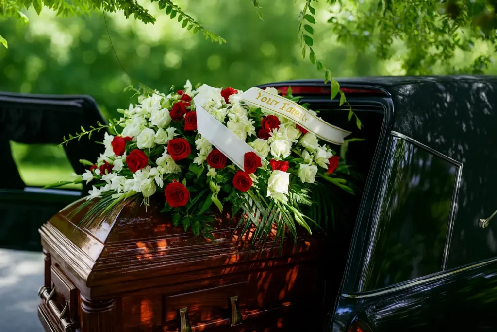 Cercueil en bois verni orné de roses rouges dans un corbillard.